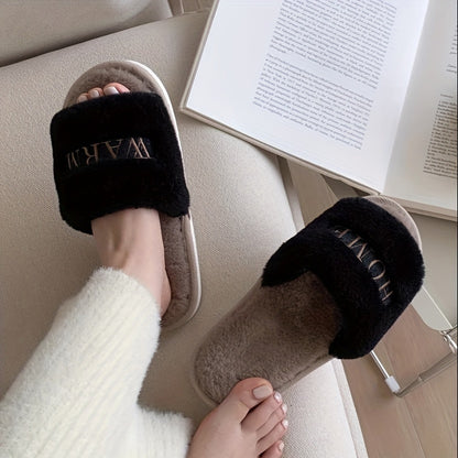 Comfortable women's slippers with "HOME WARM" embroidery, faux fur lined, non-slip for all seasons.