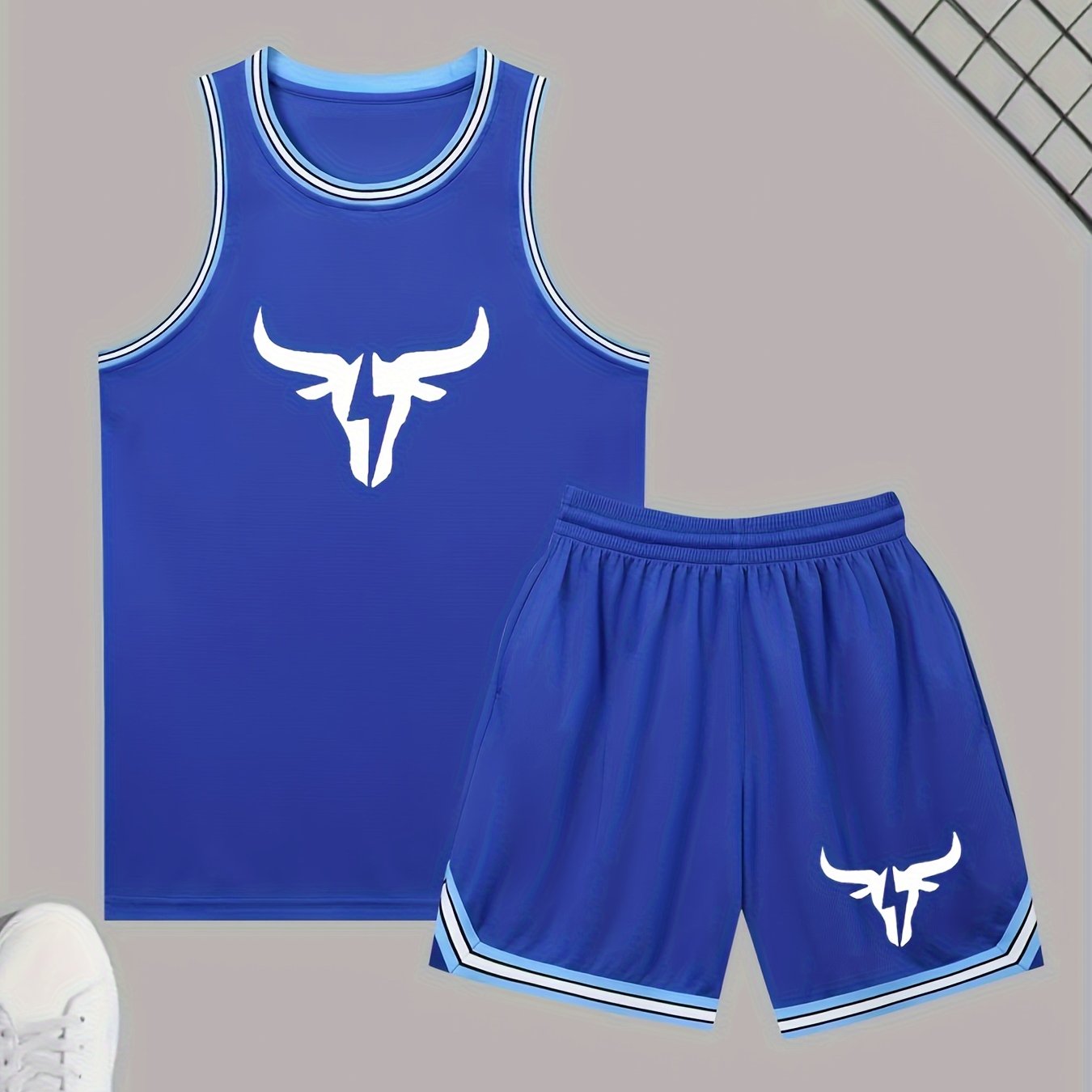 Men's athletic tank top and shorts set made of polyester knit fabric with slight stretch. Features a casual sports style, solid color with logo detail, and all-season loose fit activewear.