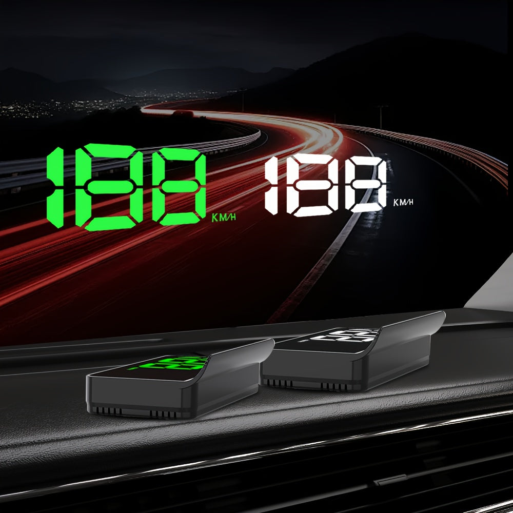 Universal car digital speedometer HUD in white & green LED, compatible with all car models, no battery needed, easy installation, simple to read speedometer. Modern and easy car accessory