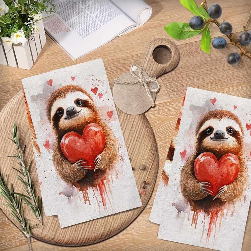 Valentine's Day Kitchen Towels - Set of 2, Ultra Soft, Loveable Sloth Print, Humorous and Cute, Highly Absorbent Dish Hand Towels for Holiday Decor, Machine Washable, 16x24 Inch