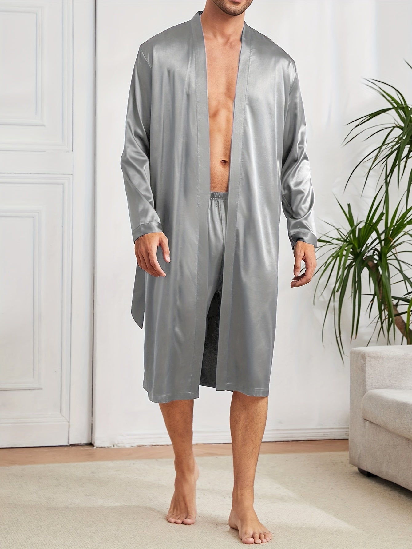 Men's simple style casual pajama sets, comfy solid robe, lace-up robe, and loose shorts home pajama sets.