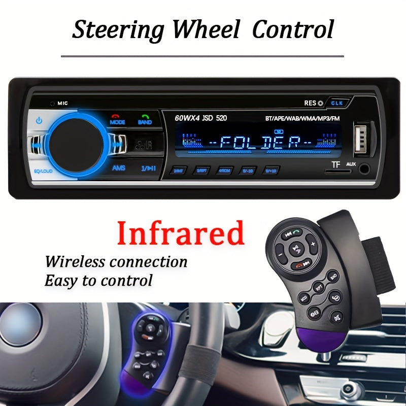 Universal car radio MP3 player with wireless FM, USB aux input, color display, voice navigation, and no battery needed.