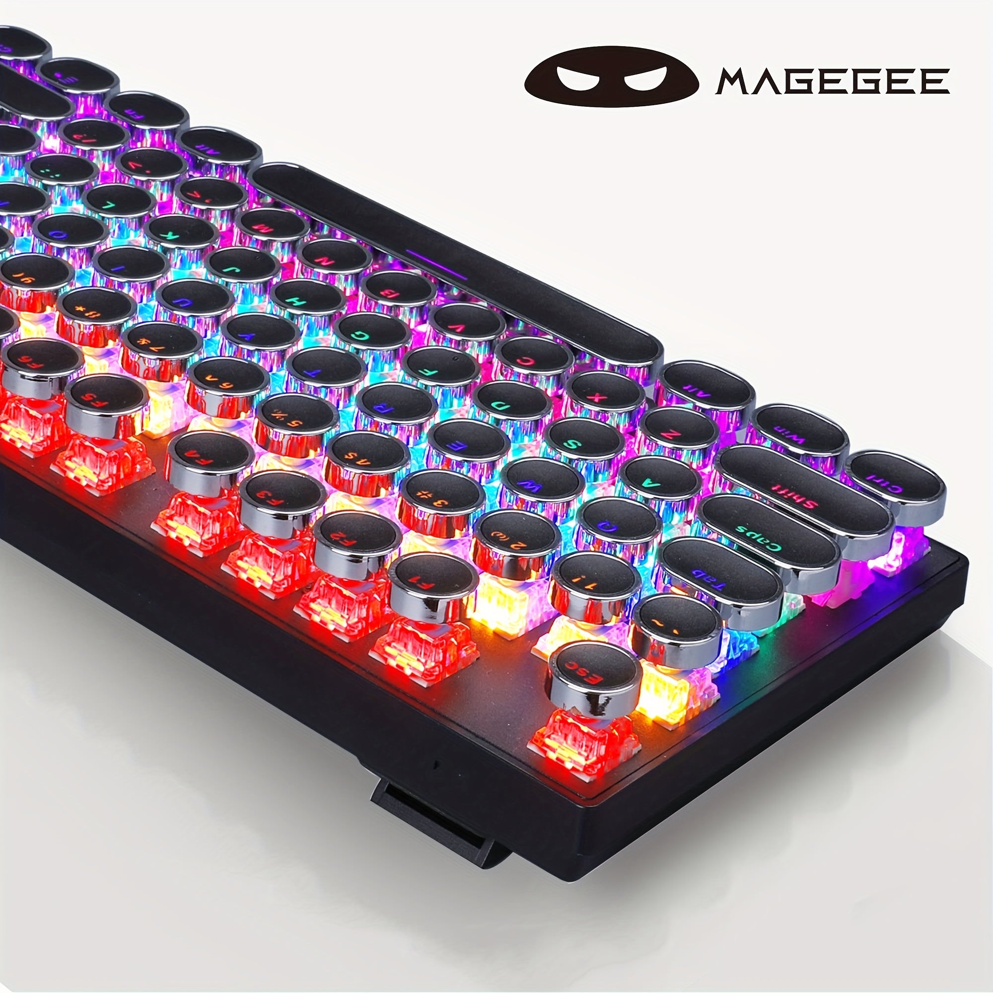 Механическая игровая клавиатура MageGee Typewriter с RGB радужной подсветкой и круглыми клавишами, подходящая для игр и офисного использования на Windows, ноутбуках и Mac.