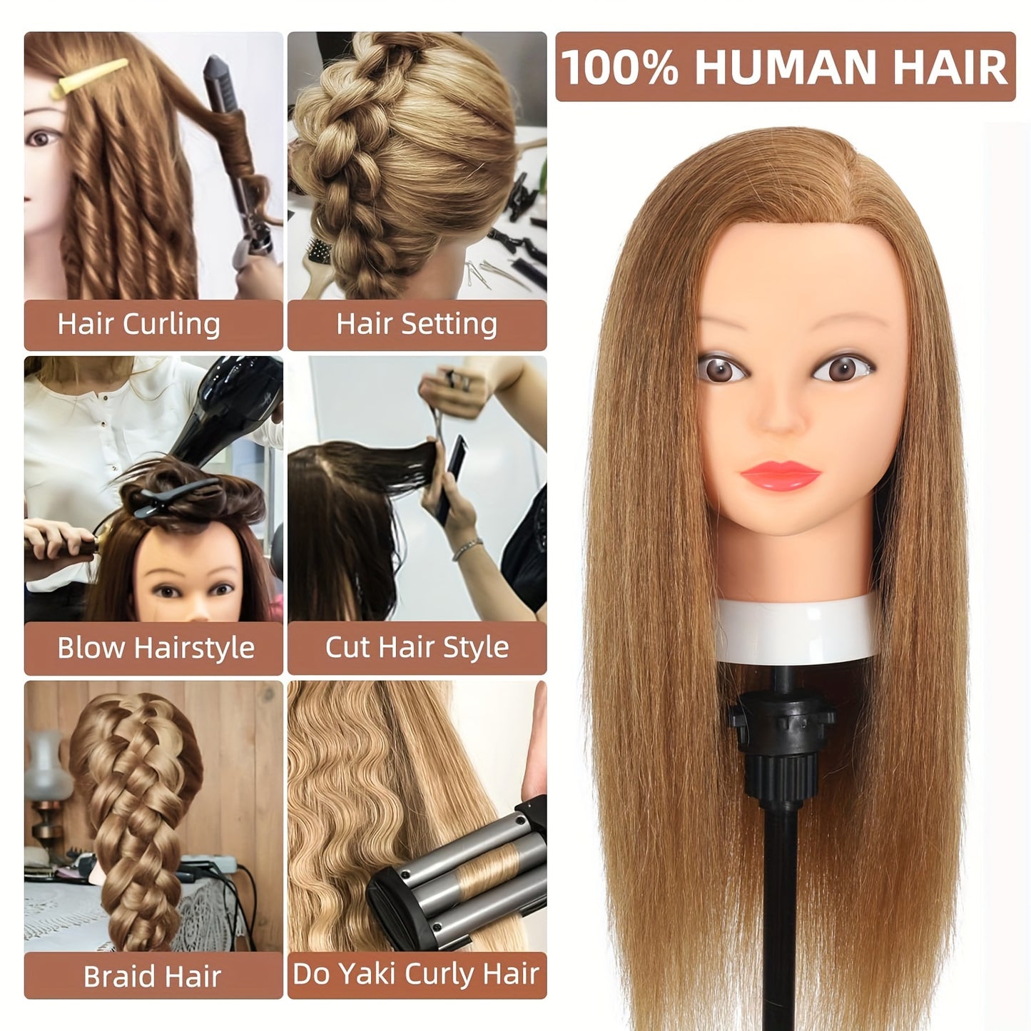 Mannequin head with real human hair for hairstylist training, includes free clamp holder