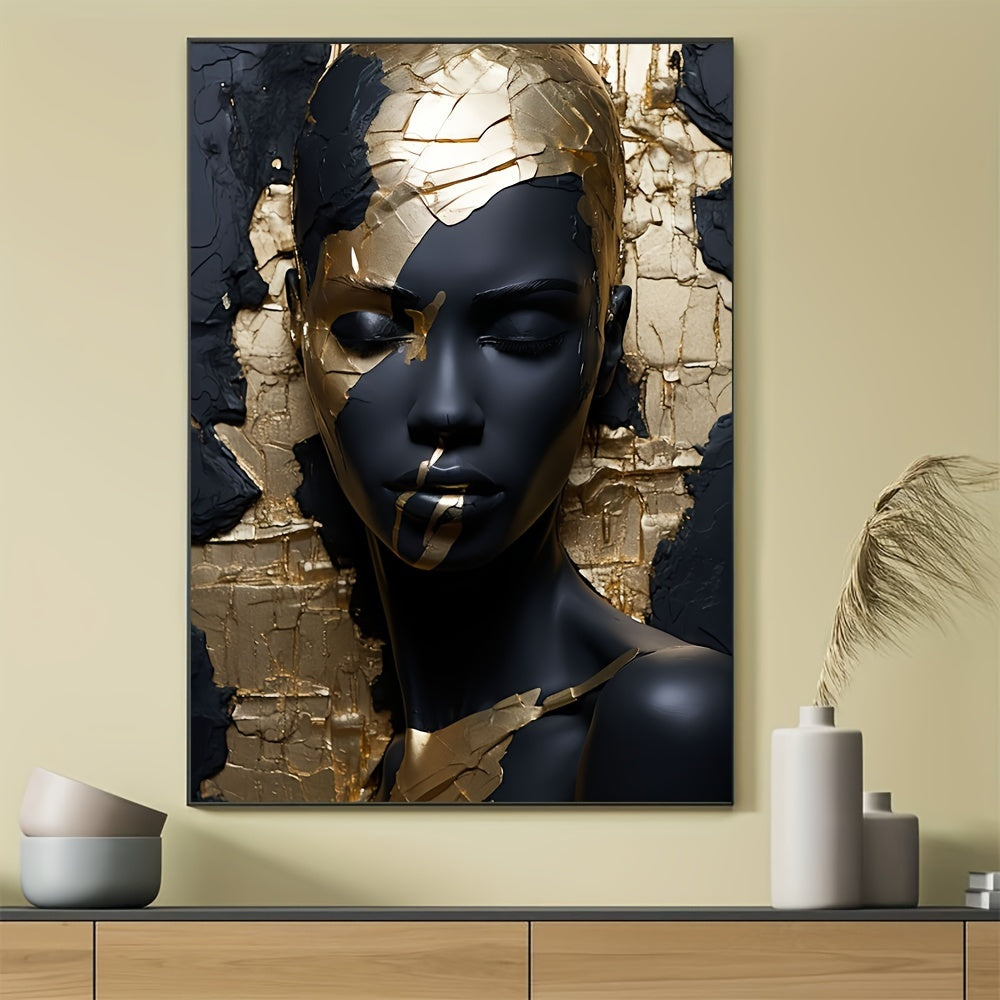 Modern, frameless Kintsugi golden portrait canvas art featuring an abstract woman face on a black background. Perfect for contemporary living room or bedroom decor.