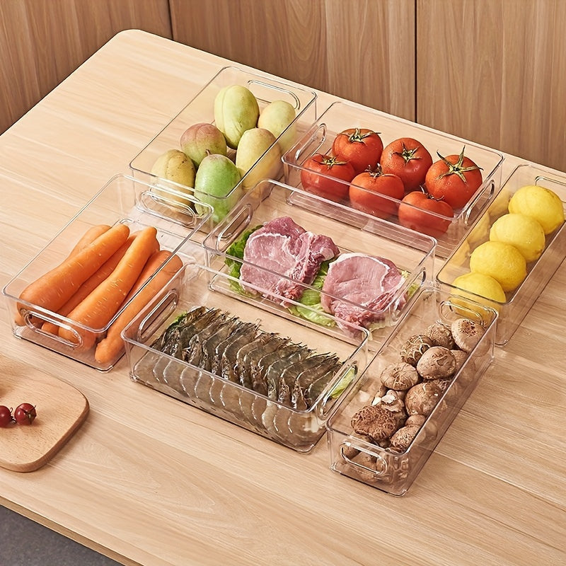 Rectangular Kitchen Refrigerator Organizer Bin made of Transparent Plastic with Handle - Food-Safe Storage Box suitable for Fruits, Vegetables, Meat, Snacks, and Beverages.