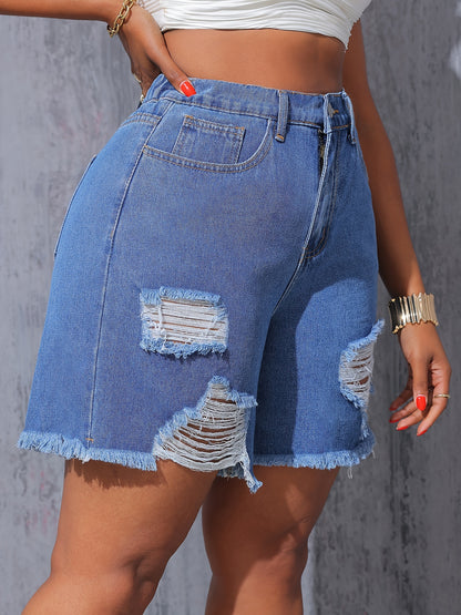 Women's high-waisted denim shorts by Kiki Angel Brand in light blue with ripped details, frayed hem, and slash pockets.