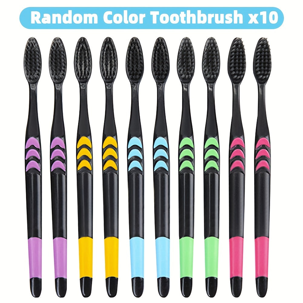 5/10 soft bristle toothbrushes with multicolor grip handles and black nylon bristles for adults, ideal for deep manual oral care.