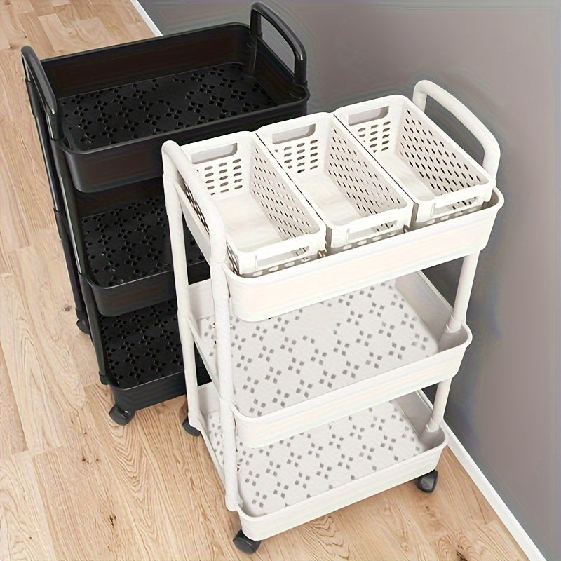 Multifunctional Plastic Storage Cart Organizer with Wheels - No Assembly Needed! Ideal for Kitchen, Bathroom, or Bedroom Use.