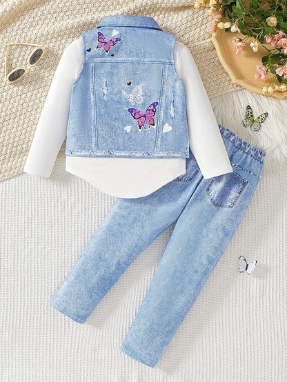 Stylish 3-piece girls' outfit set with butterfly print top, denim-look vest, and casual pants for spring/fall. Features round neck, distressed print, suitable for autumn outings, perfect