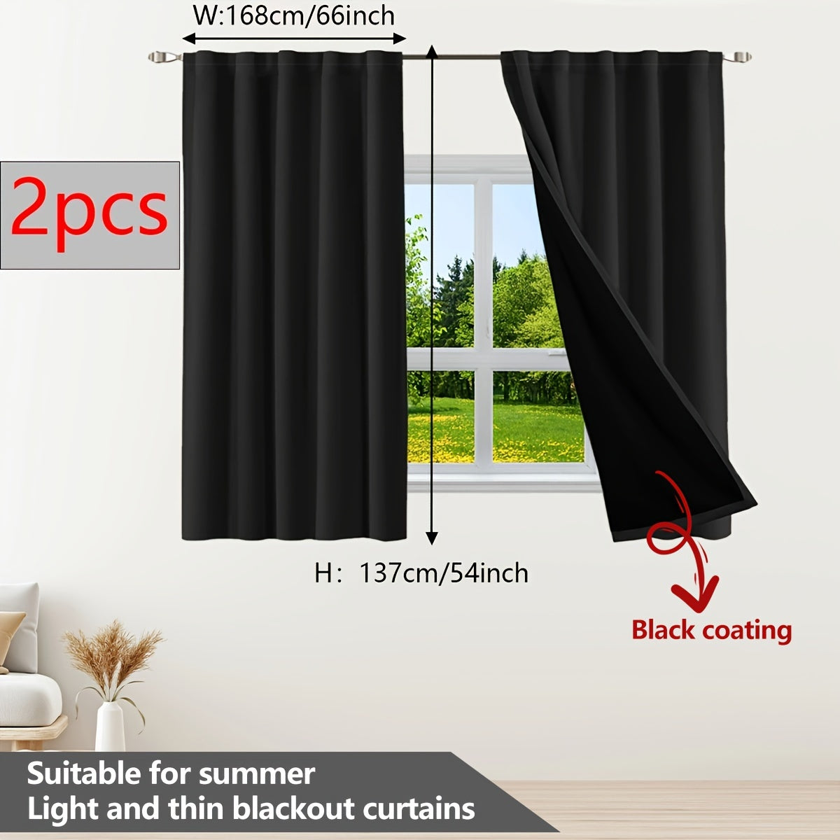 Two pieces of contemporary blackout curtains made from thermal insulated twill weave polyester. They are designed to reduce noise and block out light, making them perfect for the living room, bedroom, or study. These curtains feature a hook and ring rod