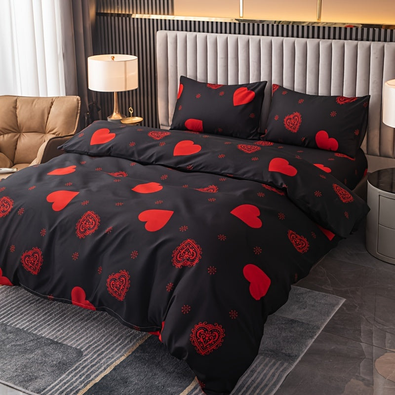 3-Piece Festive Bedding Set: Heart Pattern Duvet Cover and 2 Pillow Cases made of 100% Polyester 80gsm Fleece