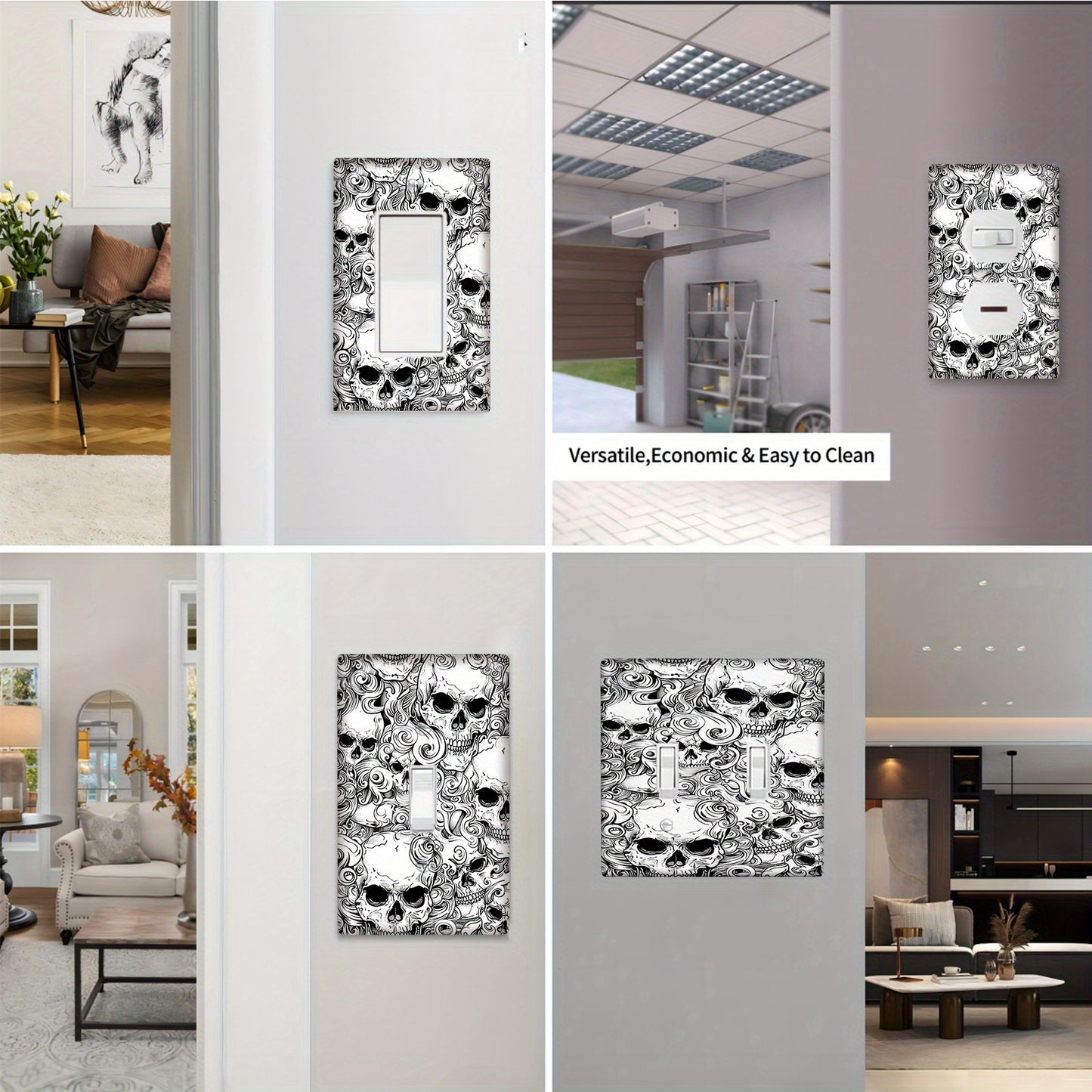 Durable skull design wall plate cover for home or office, easy to clean, no battery needed.