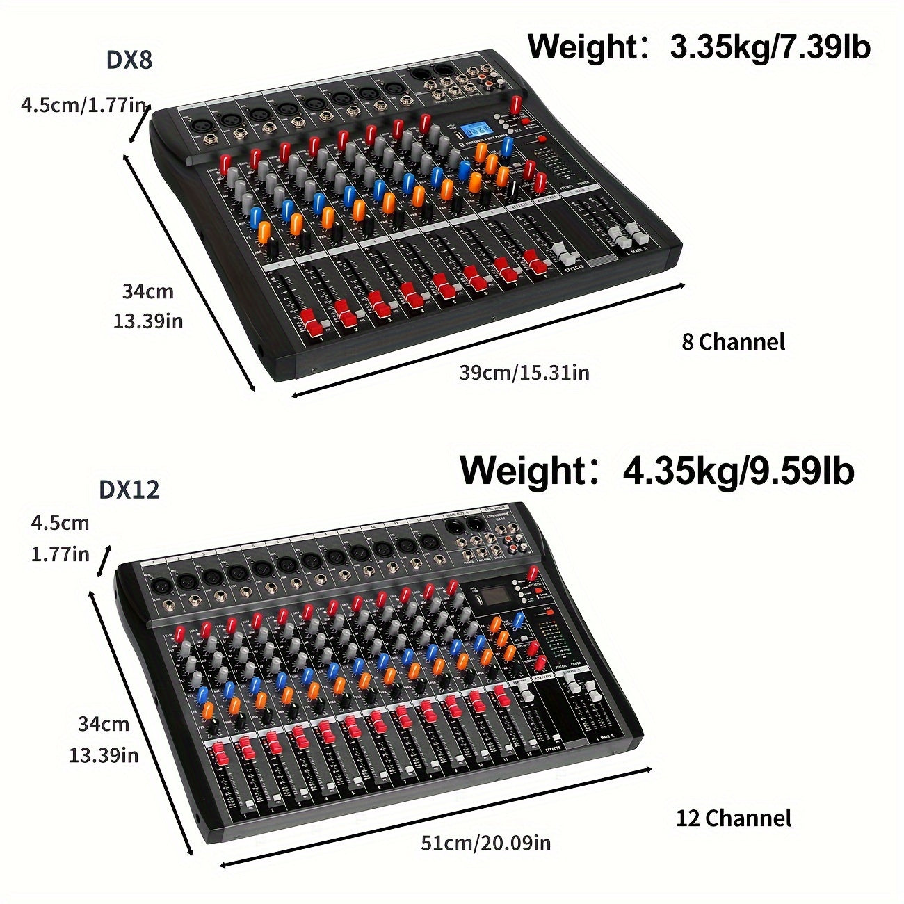 Depusheng 8/12 Channel Audio Mixer with USB, XLR Microphone Jack, 48V Power, RCA Input/Output, suitable for professionals and beginners (EU PLUG).