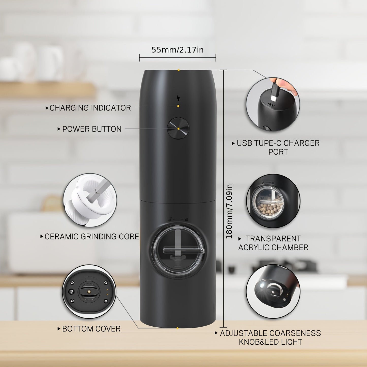 Get a set of two rechargeable electric salt and pepper grinders with adjustable coarseness levels. These spice mills come with a built-in lithium battery that can be easily charged with a USB cable. Made of durable plastic, they are perfect for holiday