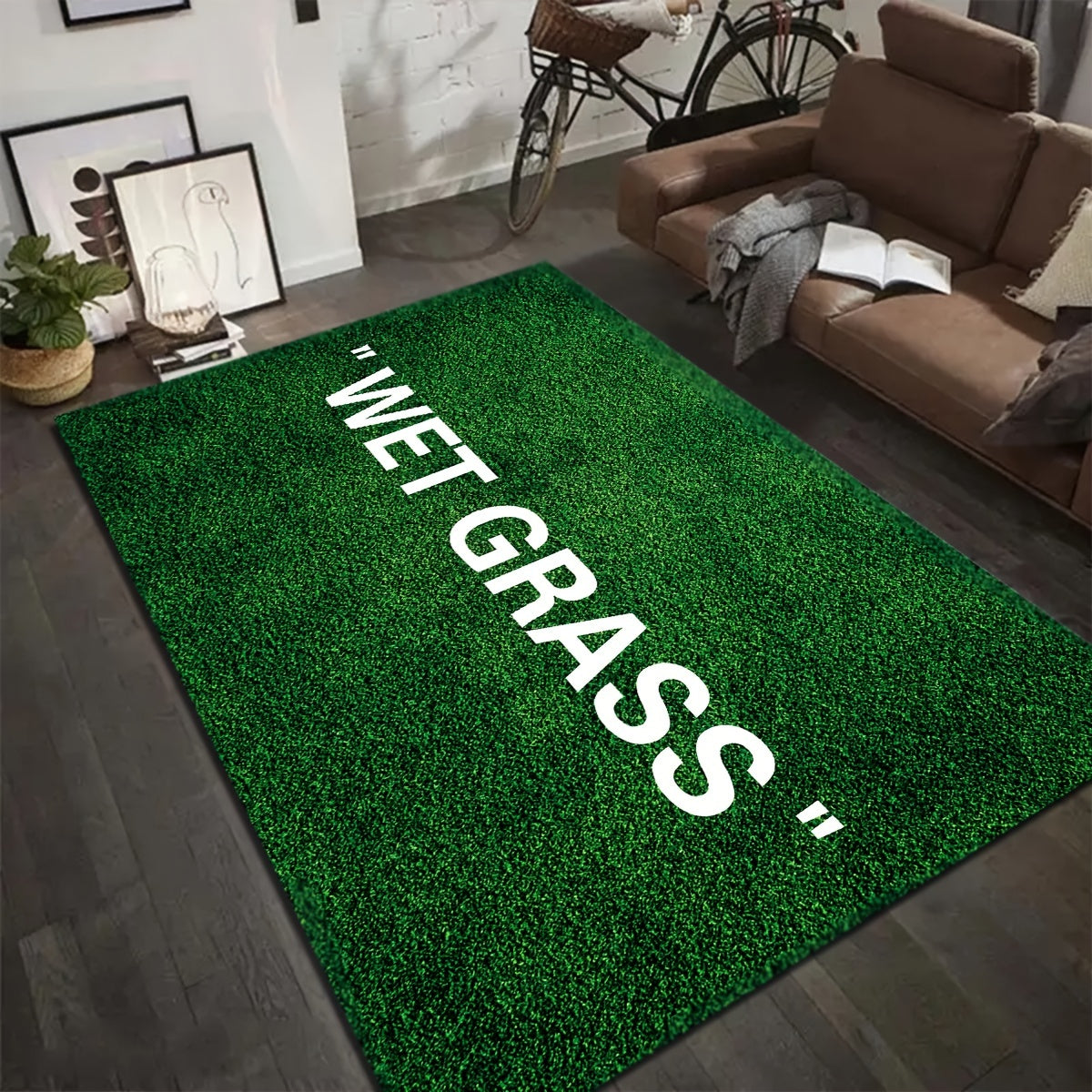 Soft, non-slip area rug featuring a chic green grass and English letter design. Machine washable for easy care, this rug is perfect for any room in your home including the living room, bedroom, kitchen, and more. Add a touch of style to your space with