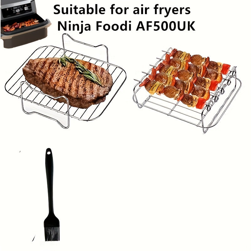 Accessory kit for the Ninja Foodi AF500UK includes a 304 stainless steel grill and steamer rack, an oven skewer stand, and an extra-large air fryer holder with 5 skewers.