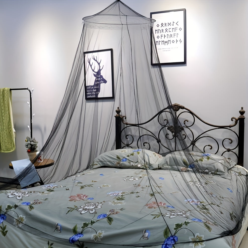 This black dome mosquito net features lace trim, a top and door ribbon, and ruffles. It is suitable for single, double, and queen beds, and makes a stylish addition to any bedroom decor. Made from polyester fabric weighing 200-250g, this net does not