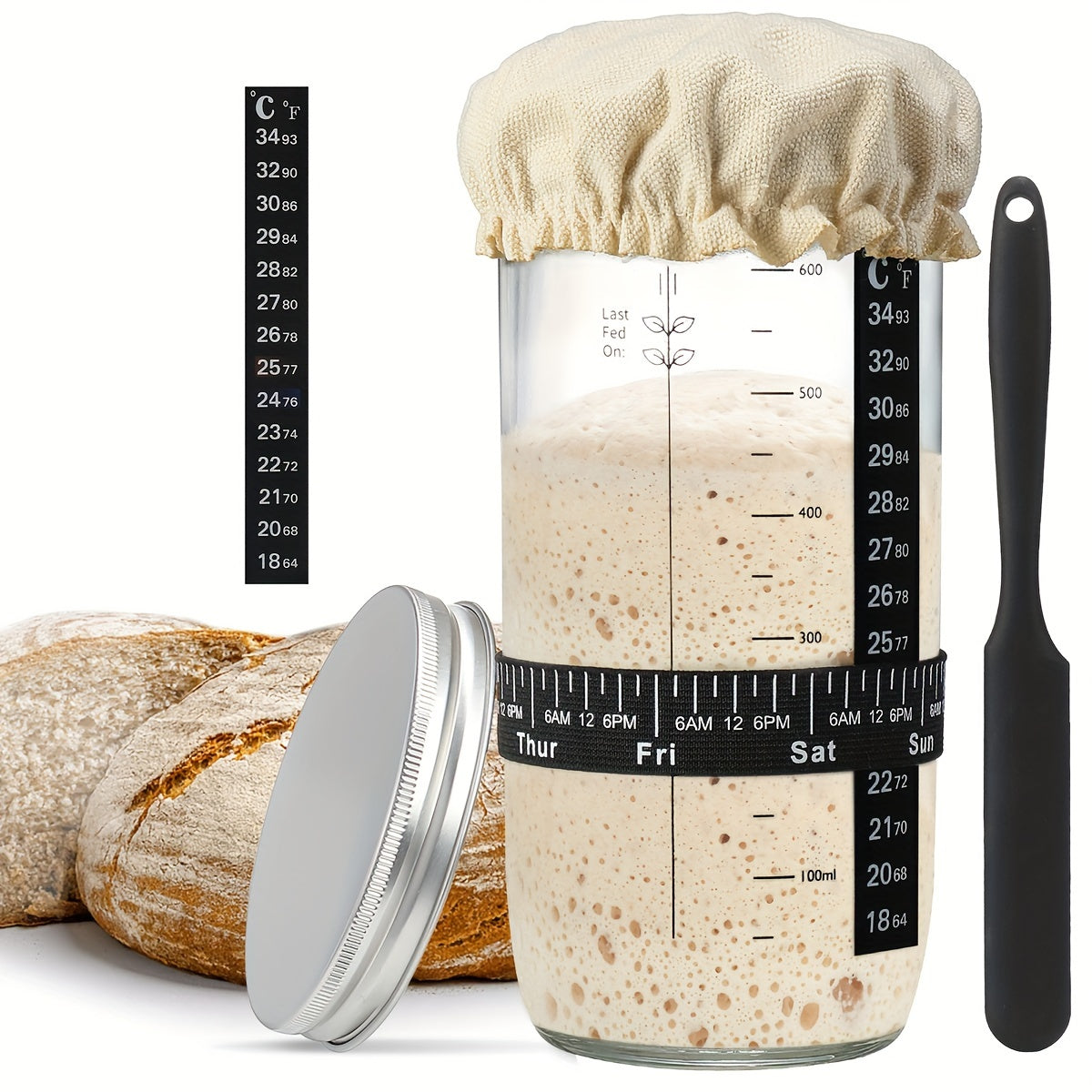 24oz Glass Fermentation Jar Set with Scale, Lid, Spatula, and closure for bread dough and fertilizer cultivation, natural yeast and fish sauce fermentation.