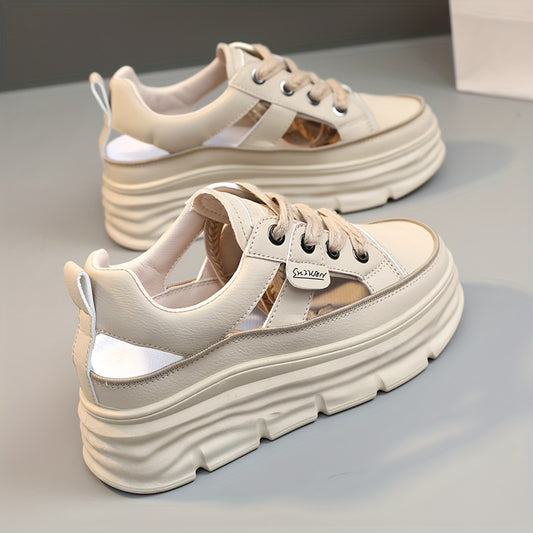 Summer 2024 Women's Breathable Cut-Out Sneakers with Hidden Height Increase, White.