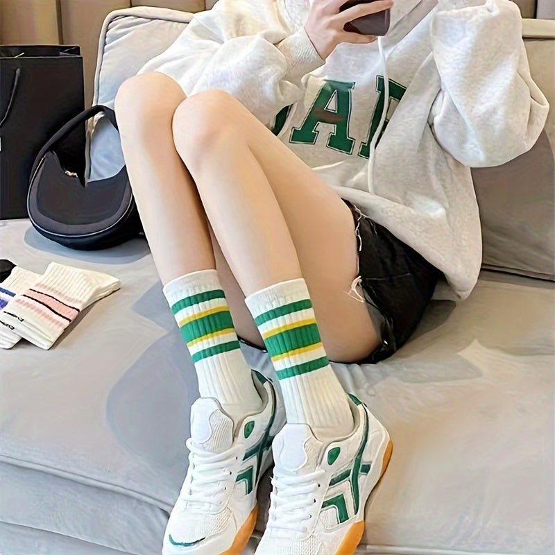 5 pairs of breathable striped print mid tube socks for women