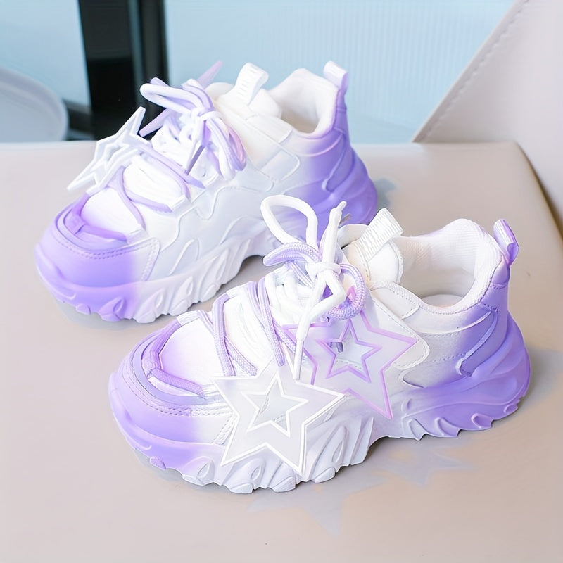 Trendy chunky sneakers for girls in pink and white gradient with star pattern, soft sole, perfect for school, sports, and outdoor play.