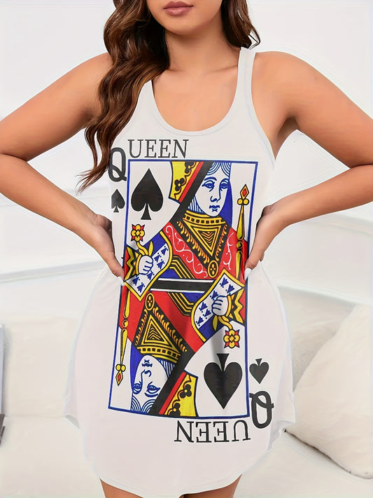 Women's casual poker print nightgown with round neck and racer back tank style - perfect for sleepwear.