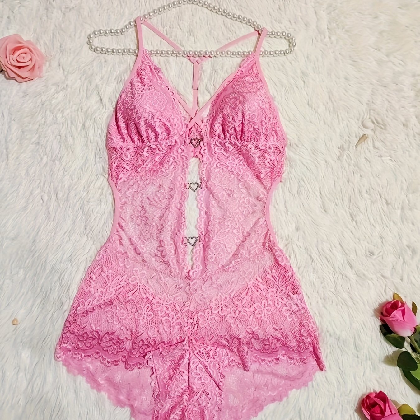 Sexy lace teddy with heart decor, deep V backless bodysuit.