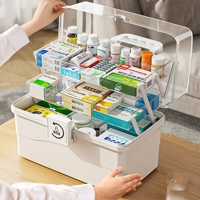 Waterproof medicine storage box with clear visibility design for office supplies and documents.