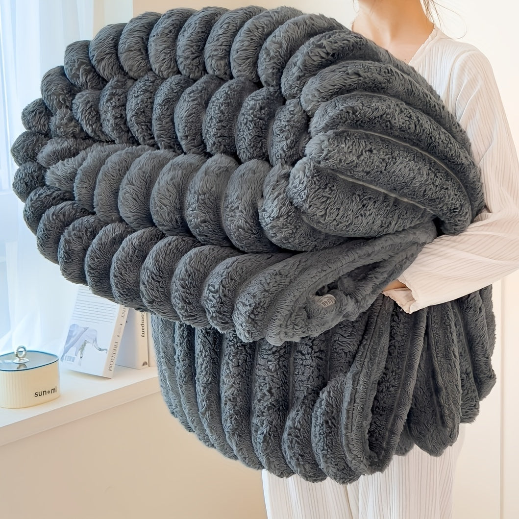 Cozy Contemporary Striped Plush Blanket made with Thickened Polyester Knit Fabric, Perfect for All Seasons. Can be used as a Bedspread, Nap Blanket, or even as a Pet Blanket. Weighs 250-300gsm.