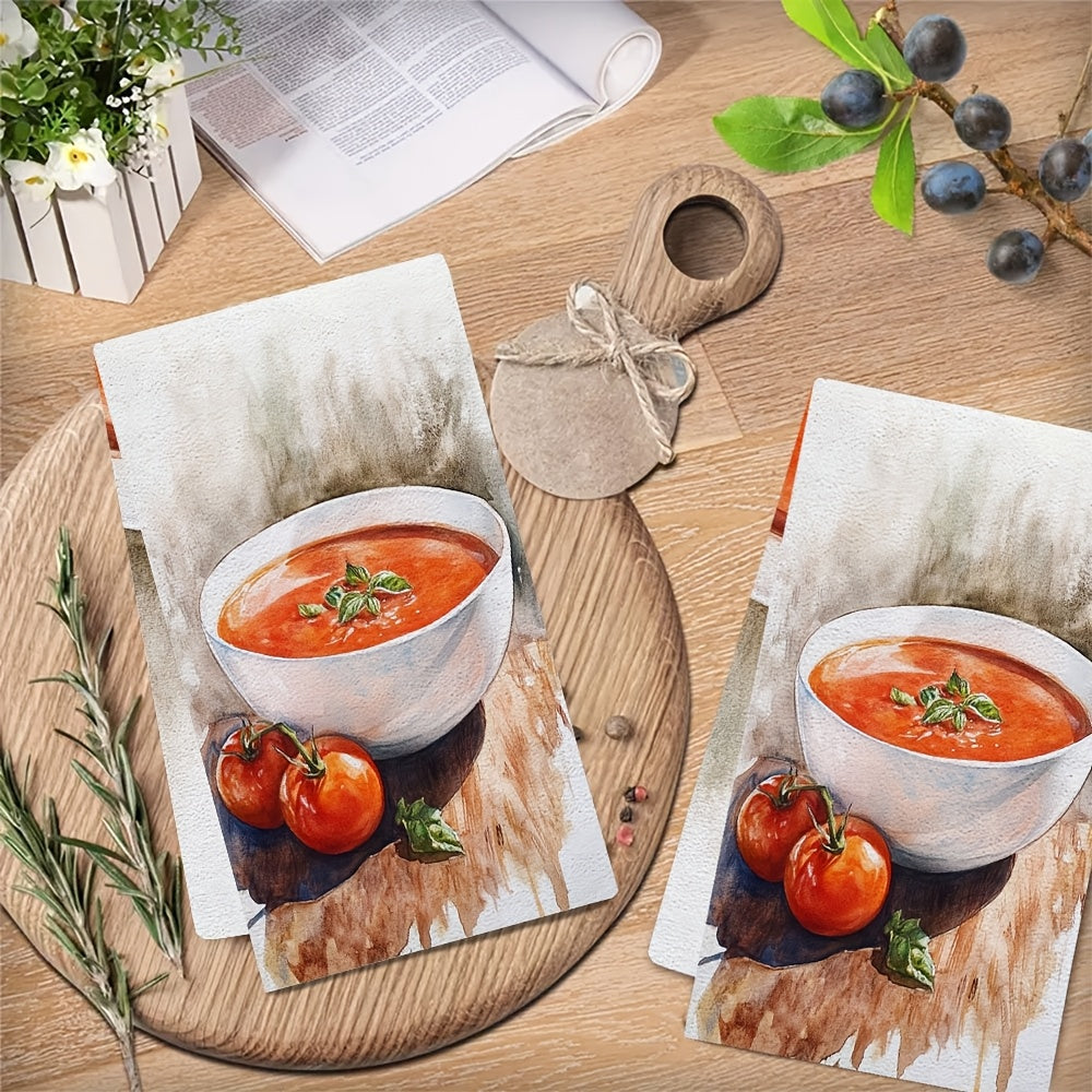 Get 2-piece Ultra Soft Kitchen Towels - Made of Highly Absorbent Polyester, these Machine Washable Dish Hand Towels feature a Tomato Soup & Basil Design. Measuring 40.64x60.96 cm, they are Perfect for Holiday Decor and Dish Towels.