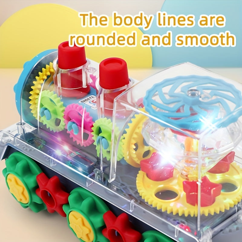 Small transparent train head gear couple moving in a rotating motion, playing light music. Perfect Christmas holiday toy gift featuring all-directional movement.