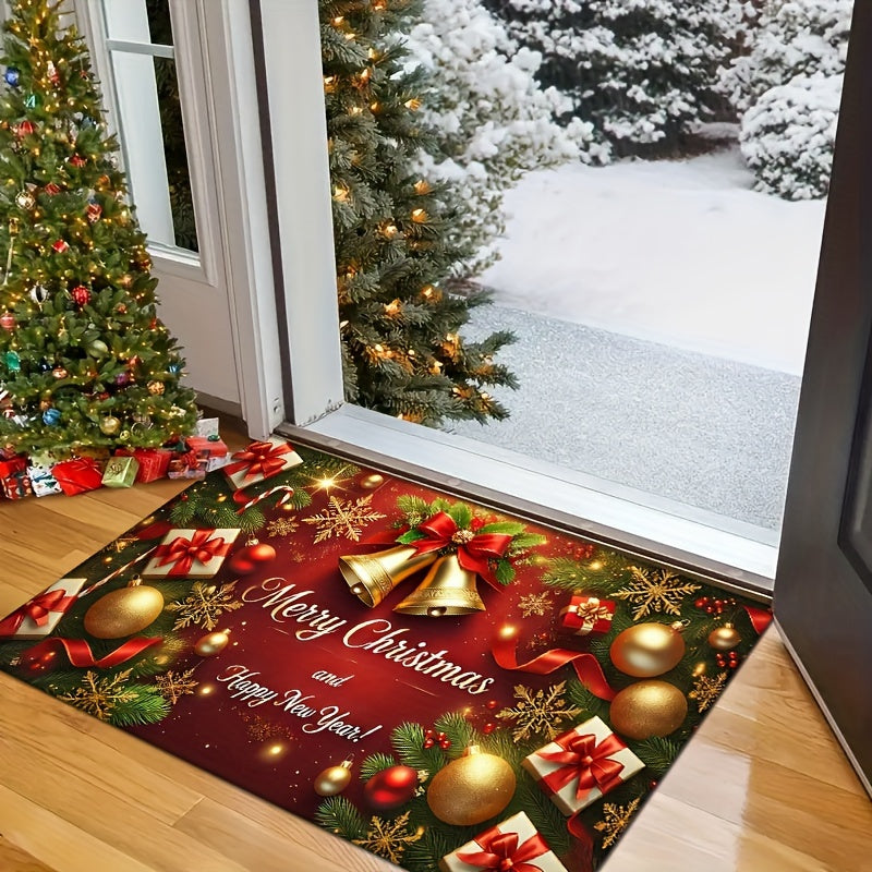 Christmas Doormat made of luxurious plush material, 1.2cm thick and non-slip. Festive red with golden bells and snowflakes design. Absorbent and machine washable, suitable for living room, bedroom, kitchen, office, laundry area, and as a Christmas floor