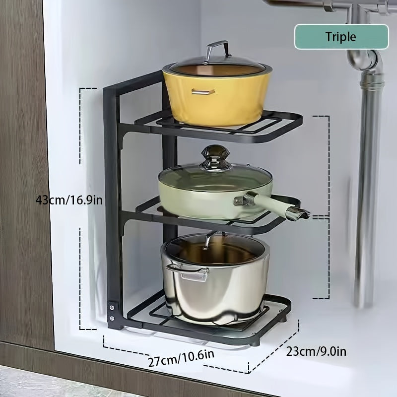 Stainless steel pot rack with adjustable height, available in 3-tier or 4-tier options. Ideal for kitchen or restaurant use, with durable metal construction and space-saving design.