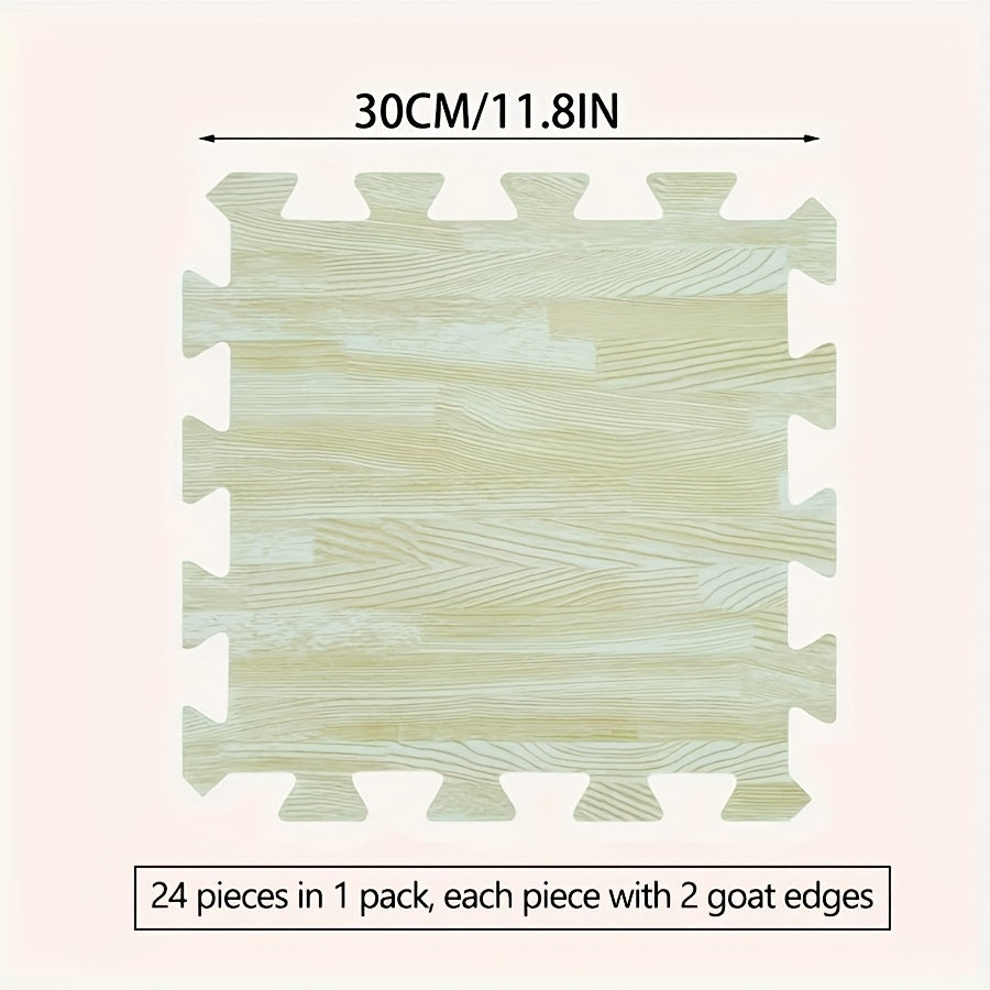 24 wood grain interlocking floor tiles, EVA & PE foam, 30x30 cm, DIY puzzle carpet for indoor use, hand washable.