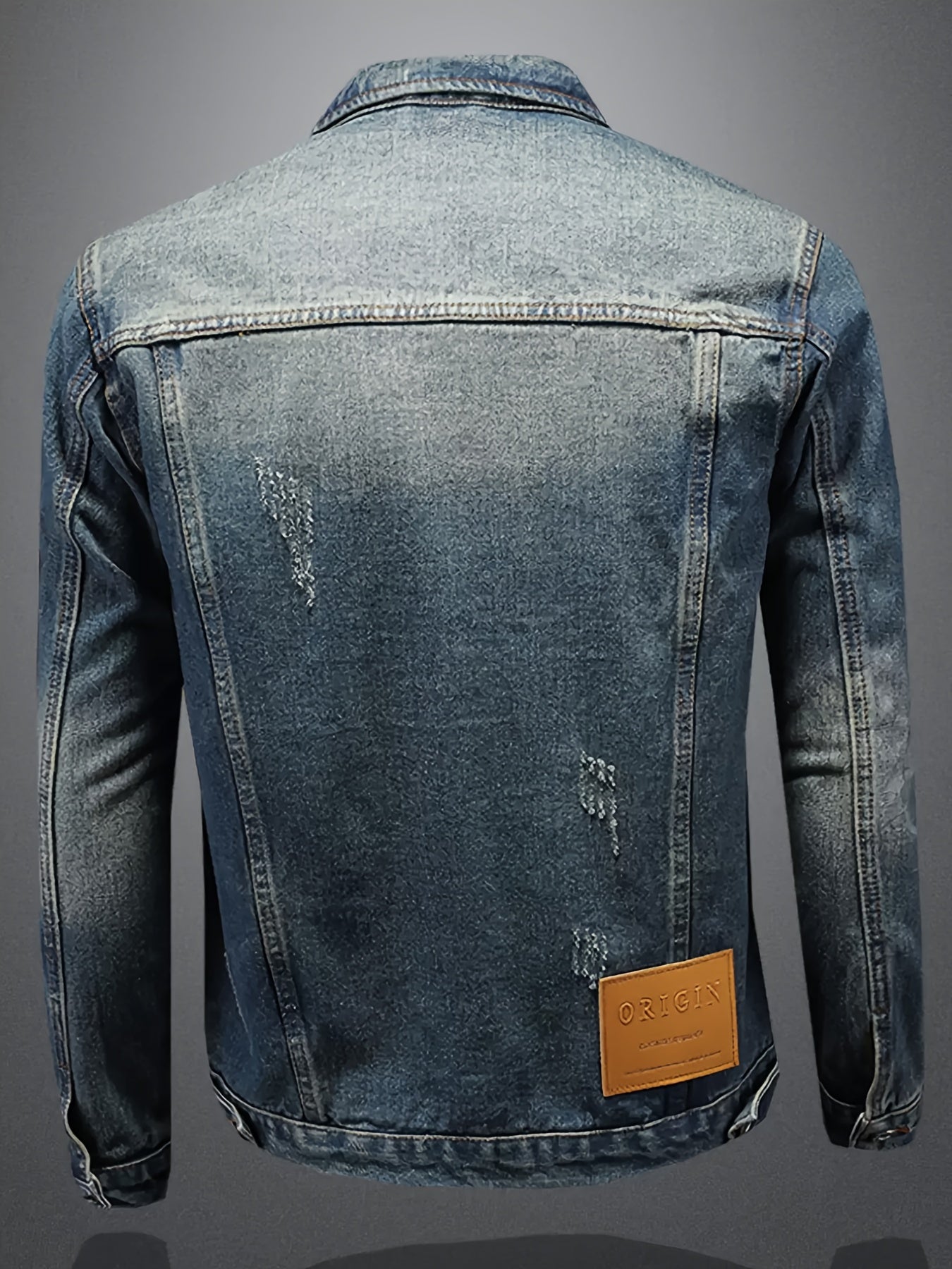 Men's vintage style denim jacket with pockets and button-up lapel, suitable for spring and fall.