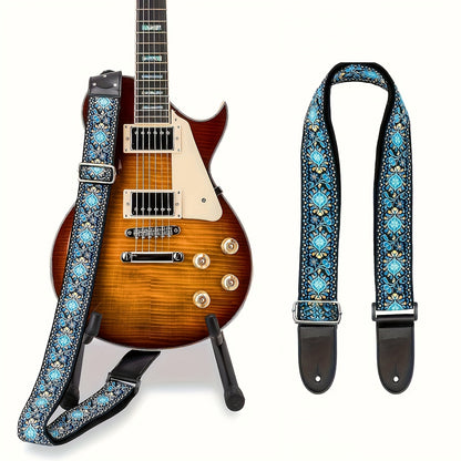 Vintage Blue Floral Embroidered Guitar Strap with Faux Leather Ends - Durable strap for Bass, Electric & Acoustic Guitars