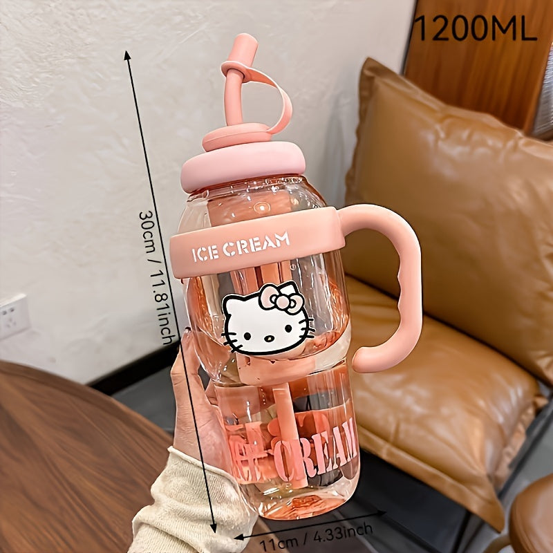 Large Sanrio Hello Kitty water bottle with straw, ideal for sports, office, camping, home, and school use. Made from high-temperature resistant PET plastic.