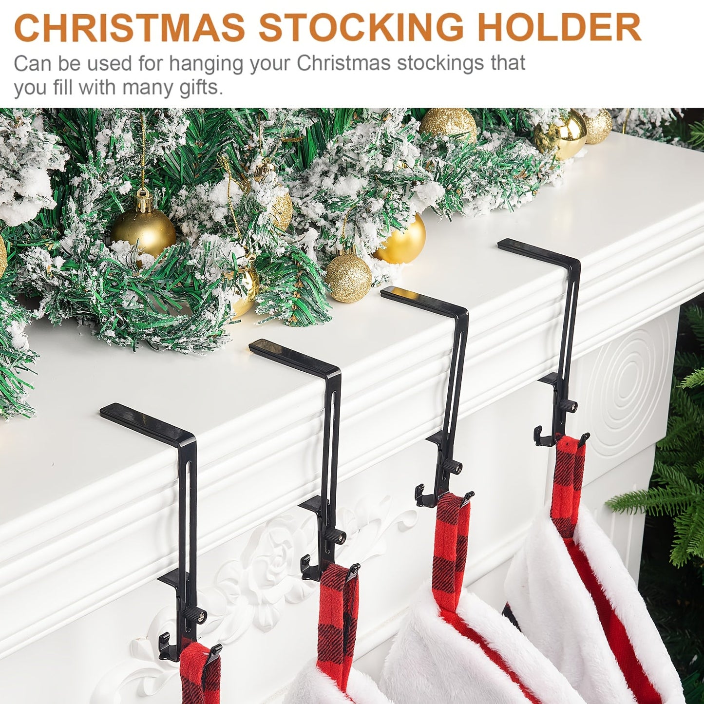 Set of four Adjustable Metal Christmas Stocking Holders for Mantle - Ideal for Hanging Garland, Ornaments & Decorating the Fireplace