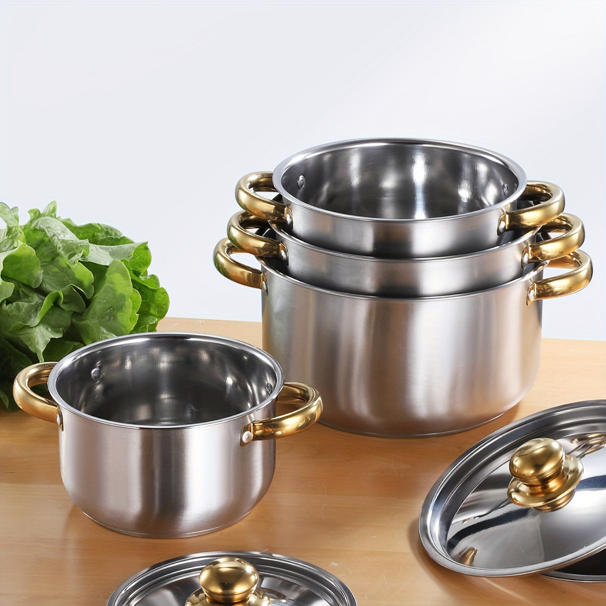 Set of 4 Stockpots with Lids in Stainless Steel - Includes 18cm, 20cm, 22cm, and 24cm Diameters