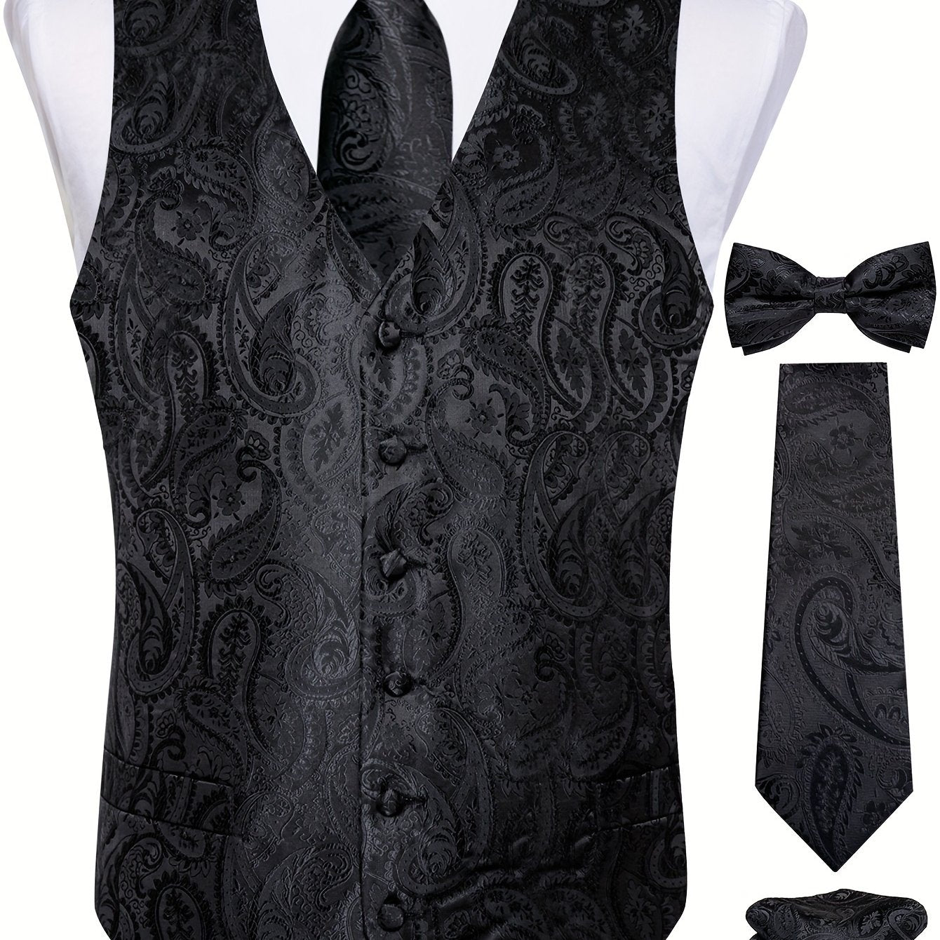 Plus size men's paisley suit vest set with tie, bow tie, pocket square, and cufflinks - perfect for parties.