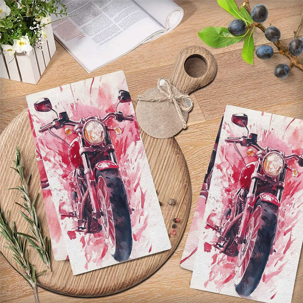 Two pieces of luxurious polyester kitchen towels, sized 40.64x60.96 cm - featuring a vibrant Valentine's Day motorcycle design. These highly absorbent and machine washable dish hand towels are perfect for holiday decor in your kitchen.