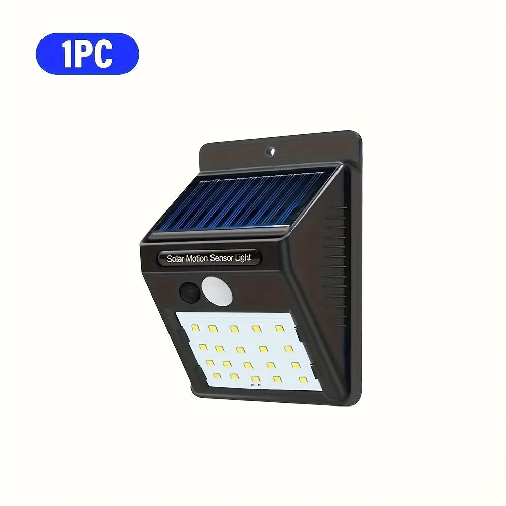 Solar wall light with motion sensor, 3 lighting modes, auto dark activation, rechargeable battery, ideal for outdoor areas.