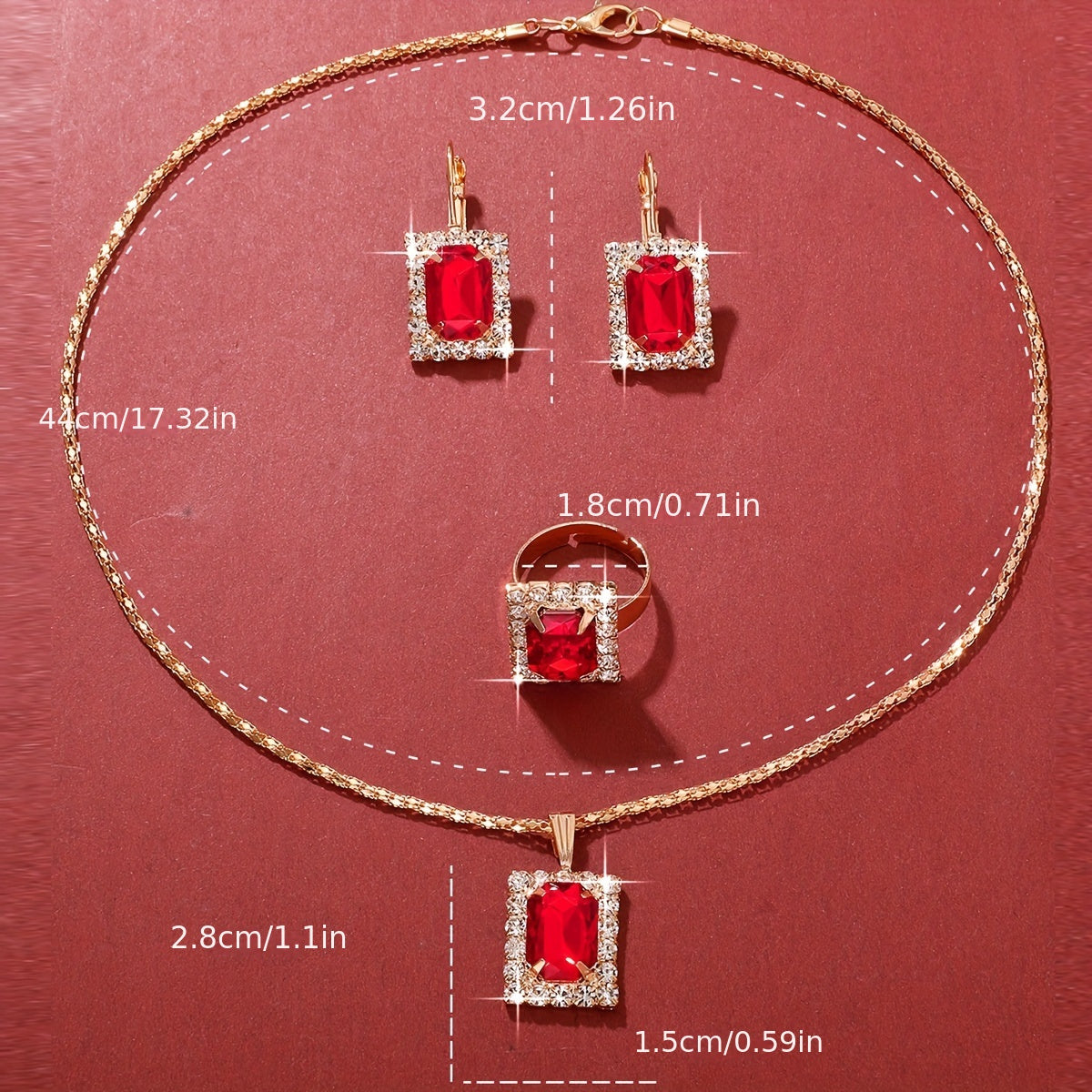 4-piece women's jewelry set with retro square glass rhinestones