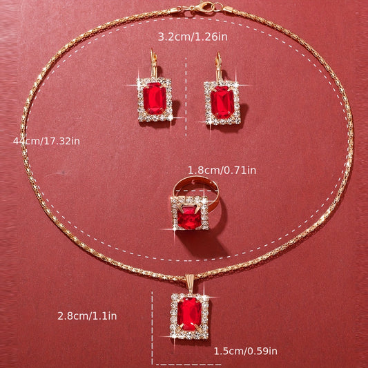 4-piece women's jewelry set with retro square glass rhinestones