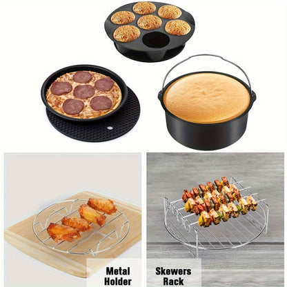 [Best-Selling] Complete Set of 11 Cast Iron Air Fryer Accessories, 8-Inch Nonstick Coating, BPA-Free, Dishwasher Safe, Fits 3.7-6.8 Quart Deep Fryers, Comes with Recipe Booklet - No Power Required, Easy to Clean Non-Stick Surface