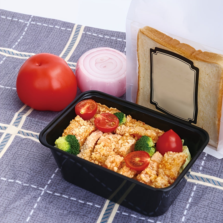 10, 30, or 50 pieces of 26oz plastic black boxes with lids. These rectangular food storage containers come with covers and are BPA free. They are stackable and leakproof bento boxes, safe to use in the microwave. Perfect kitchen gadgets and accessories