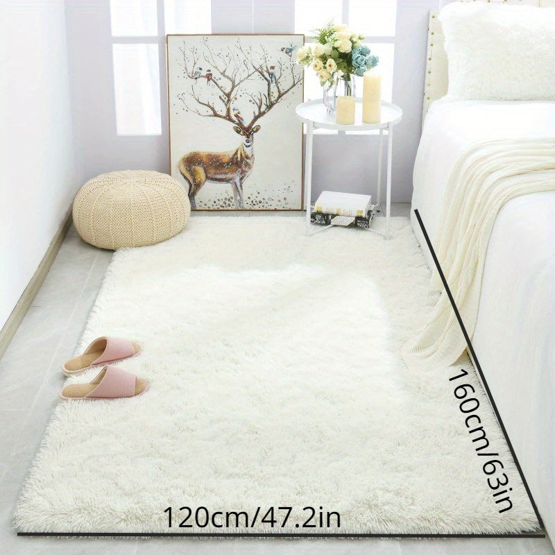 Soft and fluffy bedroom rug - shaggy plush area rug for teens' college dorm, living room, home decor. White floor carpet.