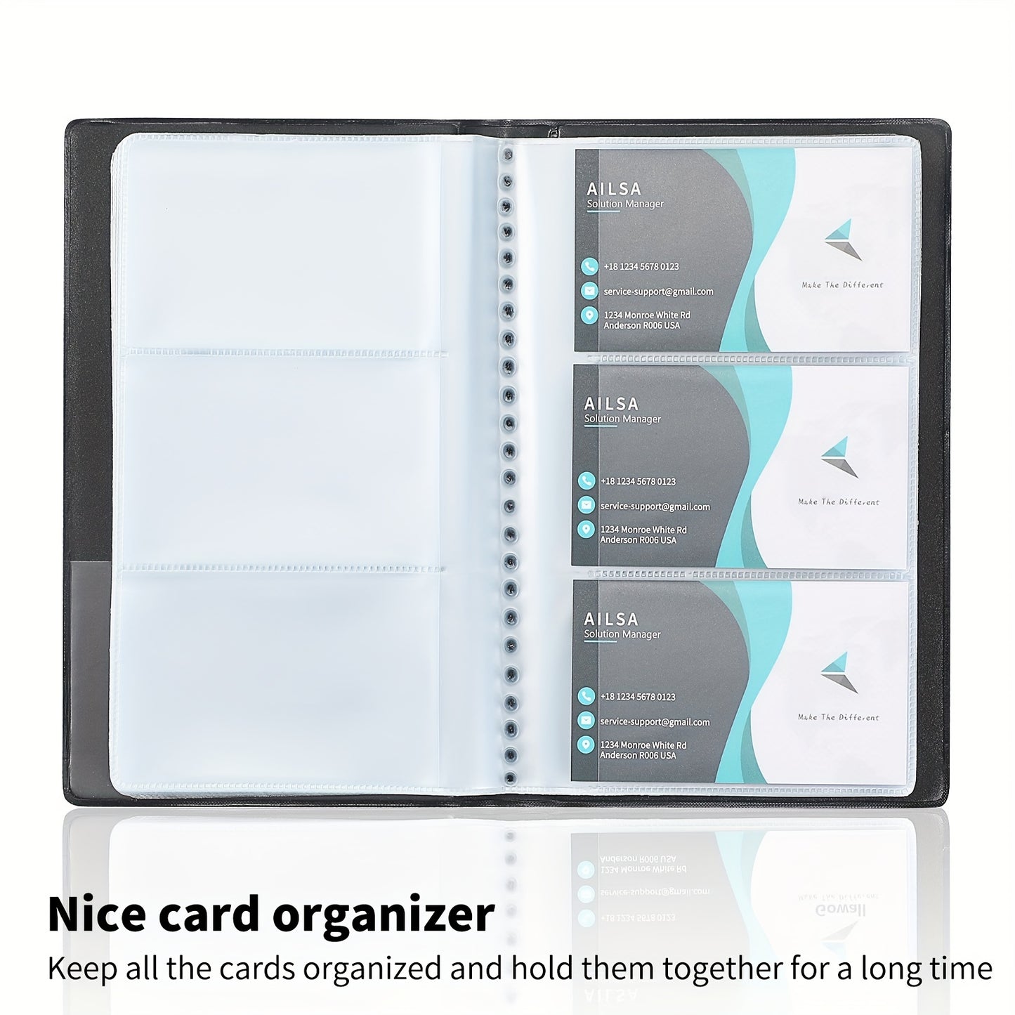 Portable business card holder with capacity for 240 cards, suitable for men and women, in black color.