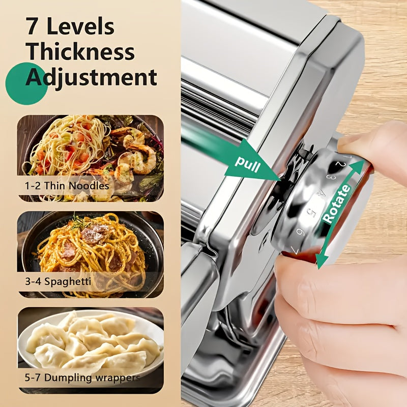 Durable Kitchen Gadget: Stainless Steel Manual Noodle Maker with Dual Width Cutter and Adjustable Thickness - Perfect for Homemade Italian, French, and Ramen Noodles